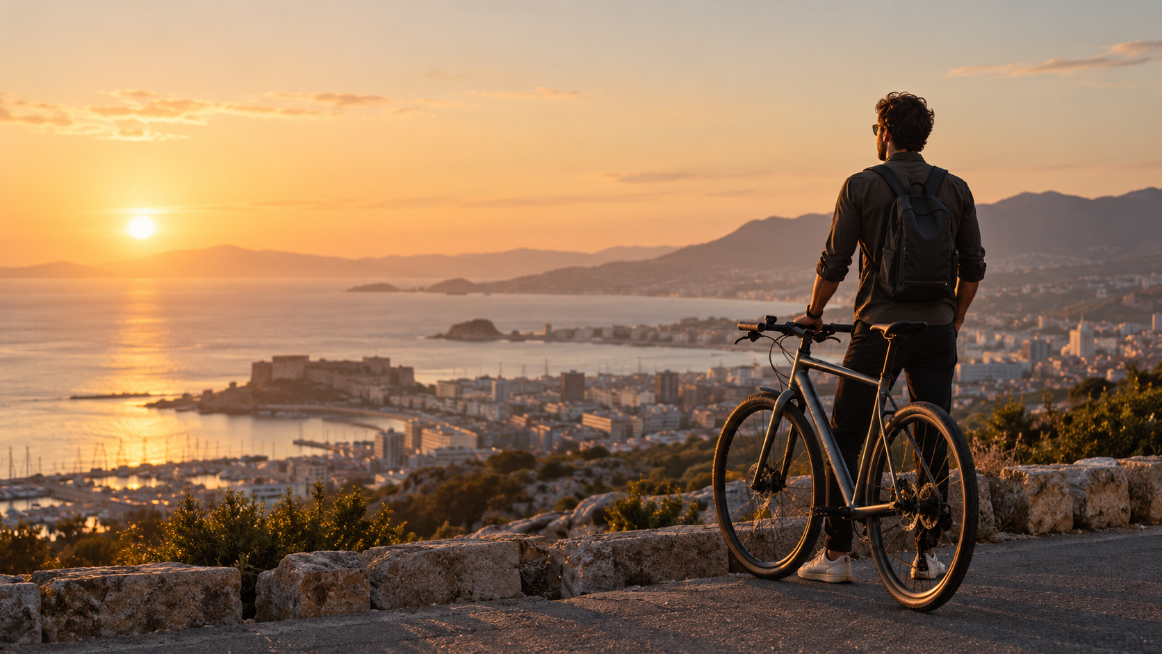 A cyclist overlooking a coastal city at sunset